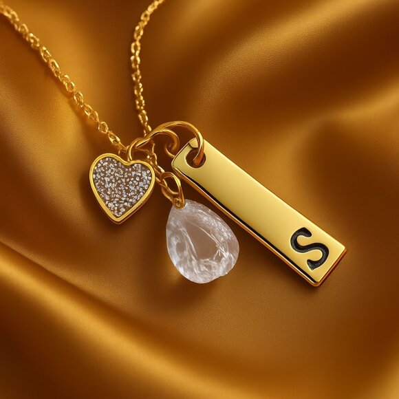 Gold Charm Necklace w/ Crystal Heart, "S" Engraved Tag & Teardrop Quartz Pendant - Picture 1 of 7